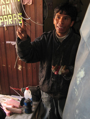 Potosi: Mining Supplies Four kinds of dynamite + (pink) Ammoniu, Bolivia 2007