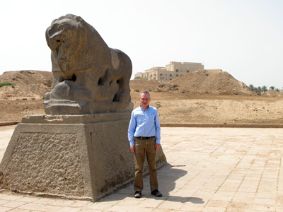 Scotsman + Lion of Babylon Saddam palace in background, Central Iraq 2012