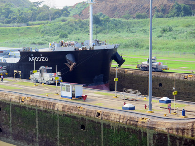 The little mules guide the larger ships, Miraflores Locks, Panama 2014