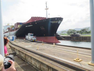 A larger neighbour, in parallel lock, Panama Canal Transit, Panama 2014