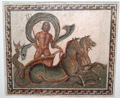 Neptune + two hippocamps.  3rd c., Sousse Museum, Tunisia 2014