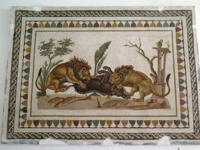 Lions devouring a boar.  2nd c., El Jem Museum, Tunisia 2014