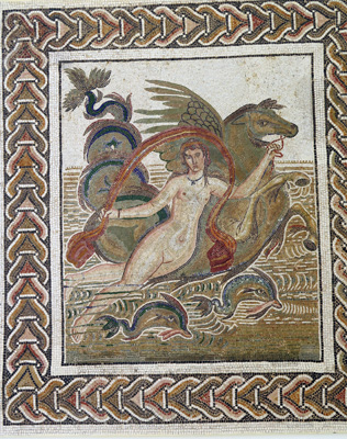 Nympth on a sea horse, with dolphins.  3rd c., El Jem Museum, Tunisia 2014