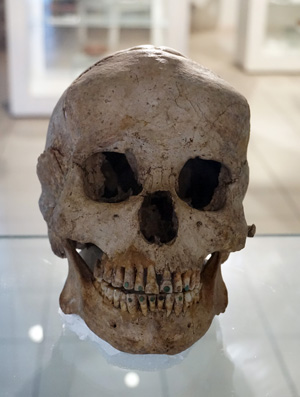 Skull with jade inlays in teeth, Copan Ruinas Town Museum, Honduras 2016