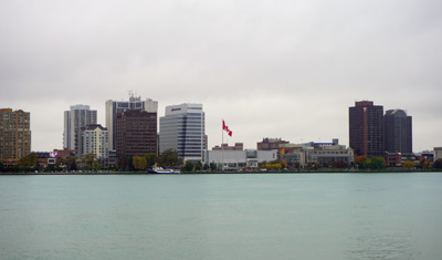 View across Detroit river to Canada, Downtown Detroit, Toronto - Chicago 2019