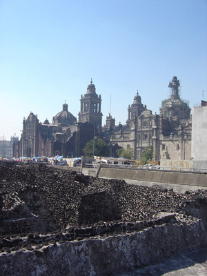 View of cathedral, over ruins, Templo Mayor, Mexico 2004