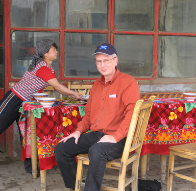 Scotsman preparing for the Taklamakan With dish of tea and fine, Across the Taklmakan, Xinjiang 2008