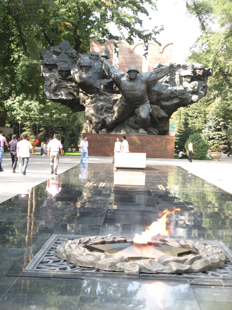 Almaty, Soviet WWII Memorial Soliders form shape of the USSR
