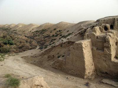 Line of wall forts Note exposed strata (differing bricks) in ne, Merv, Turkmenistan 2008