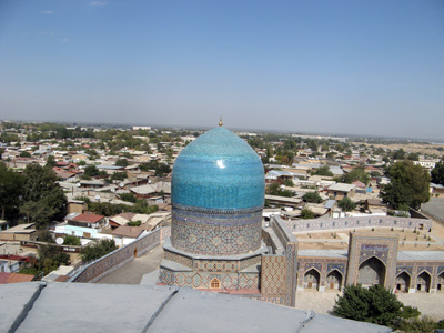 View from Ulugbek Minaret North, into Tilla-Kari courtyard., Samarkand, Uzbekistan 2008