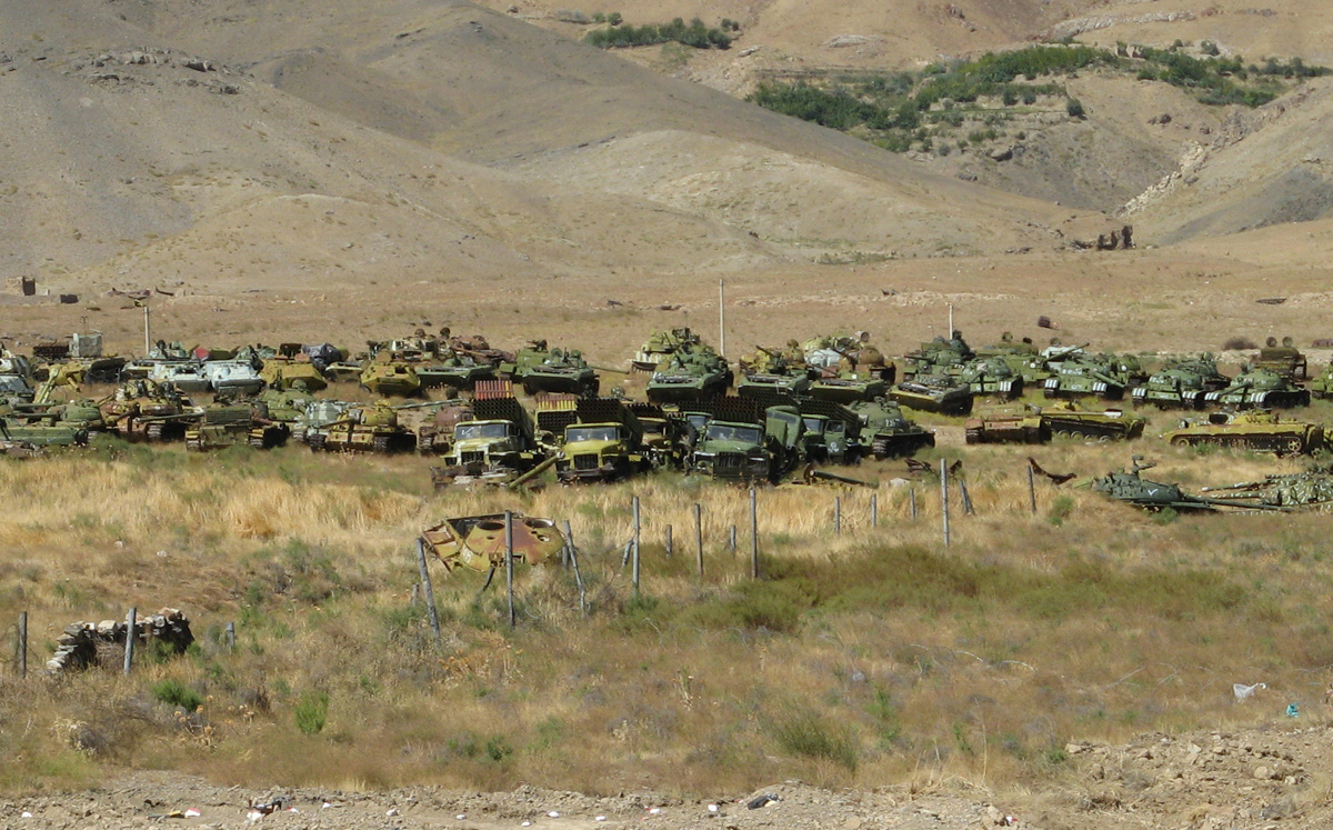 Panjshir Valley, Ex-Soviet tank & Katyusha corral.