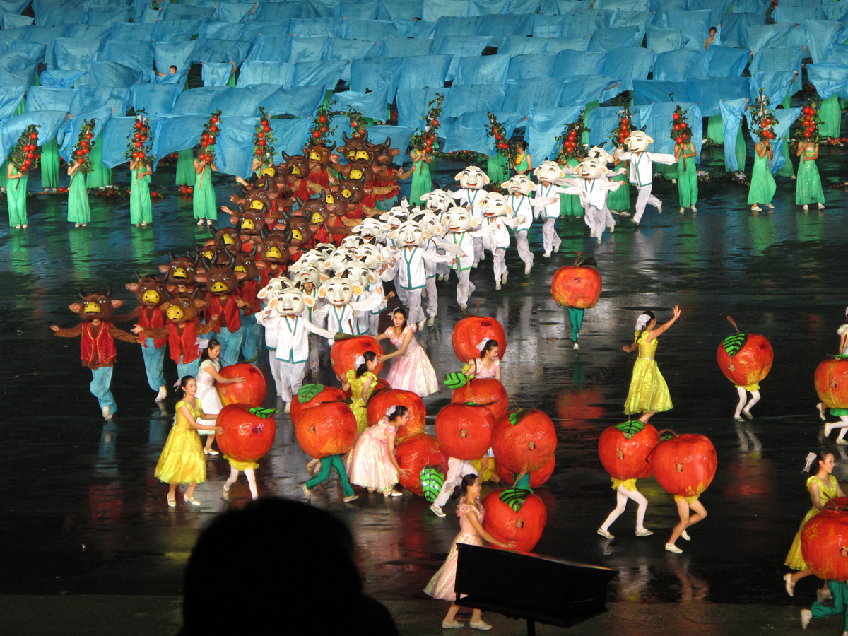 North Korea - Mass Games, (Some of the younger fruits needed a little help in the rain.)