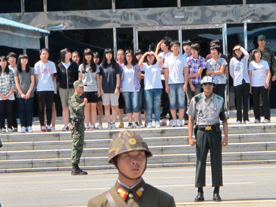 Tourists on the South Korean side. We waved, but they did not w, DMZ, North Korea 2011