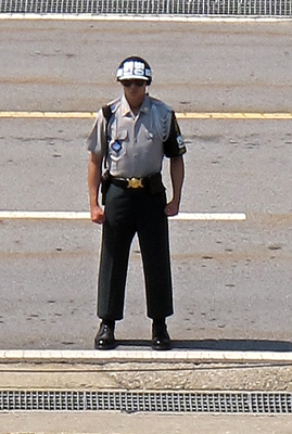 South Korean Guard In official clenched-fist pose., DMZ, North Korea 2011