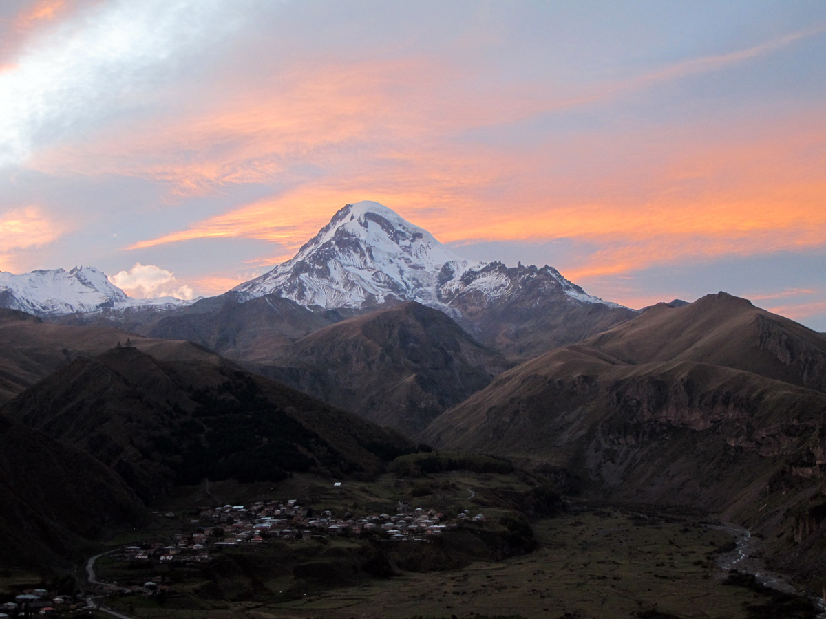 Kazbegi, Mount Kazbeg at sunset