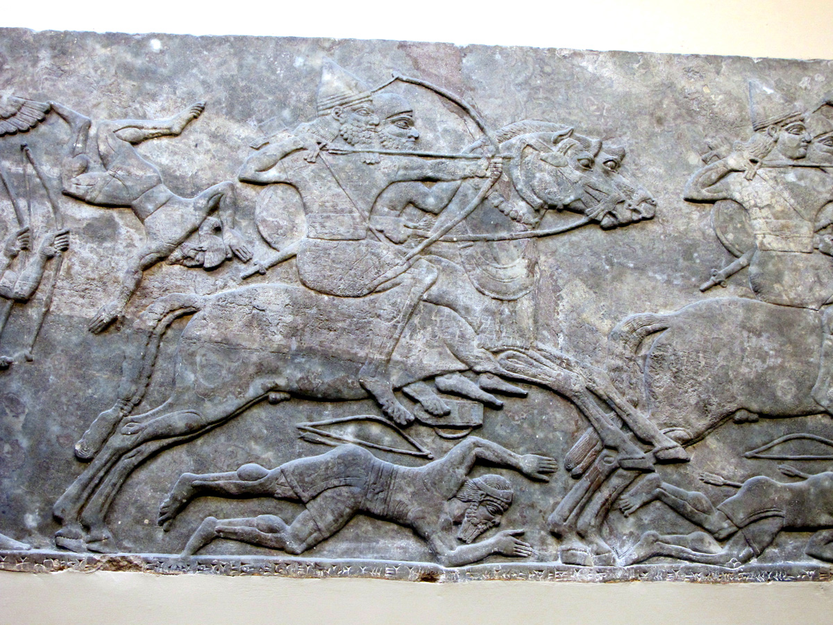 British Museum, Paired Horsemen: one to steer, one to fire. Assyrian Frieze, Nimrud, c 865-860 BC