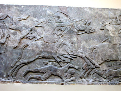 Paired Horsemen: one to steer, one to fire. Assyrian Frieze, Ni, British Museum, UK 2013