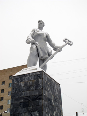 Steelworker Statue Opposite train station., Magnitogorsk, Ural Cities 2013