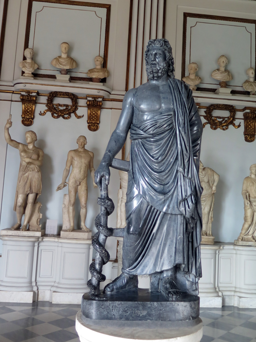 Capitoline Museum, Asclepius with a twined serpent staff, in fine black marble