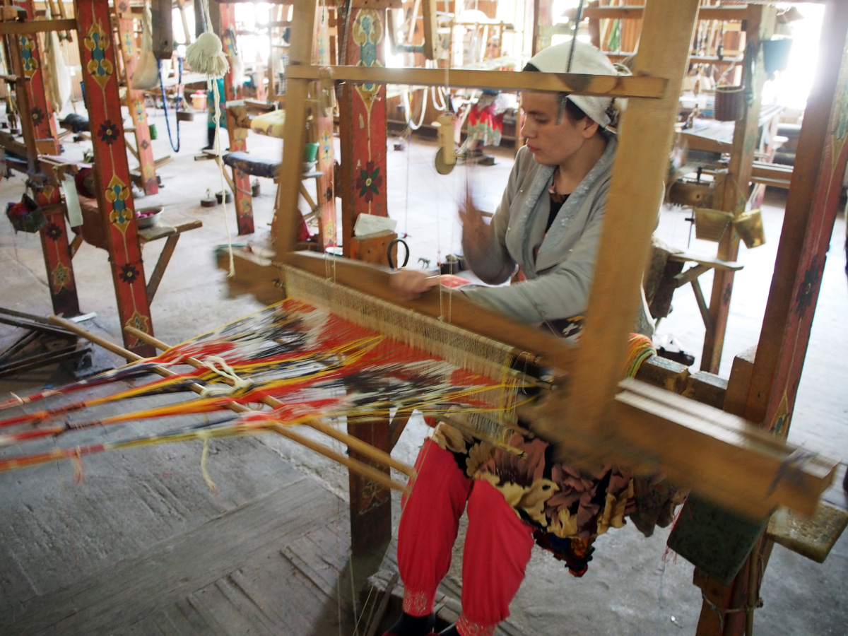 Margilan: Yodgorlik Silk Factory, A hand operated loom, using pre-dyed thread.