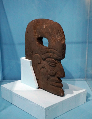 Ceremonial axe with human face Late classic 600-800AD, Archaeological & Ethnological Museum, Guatemala 2016
