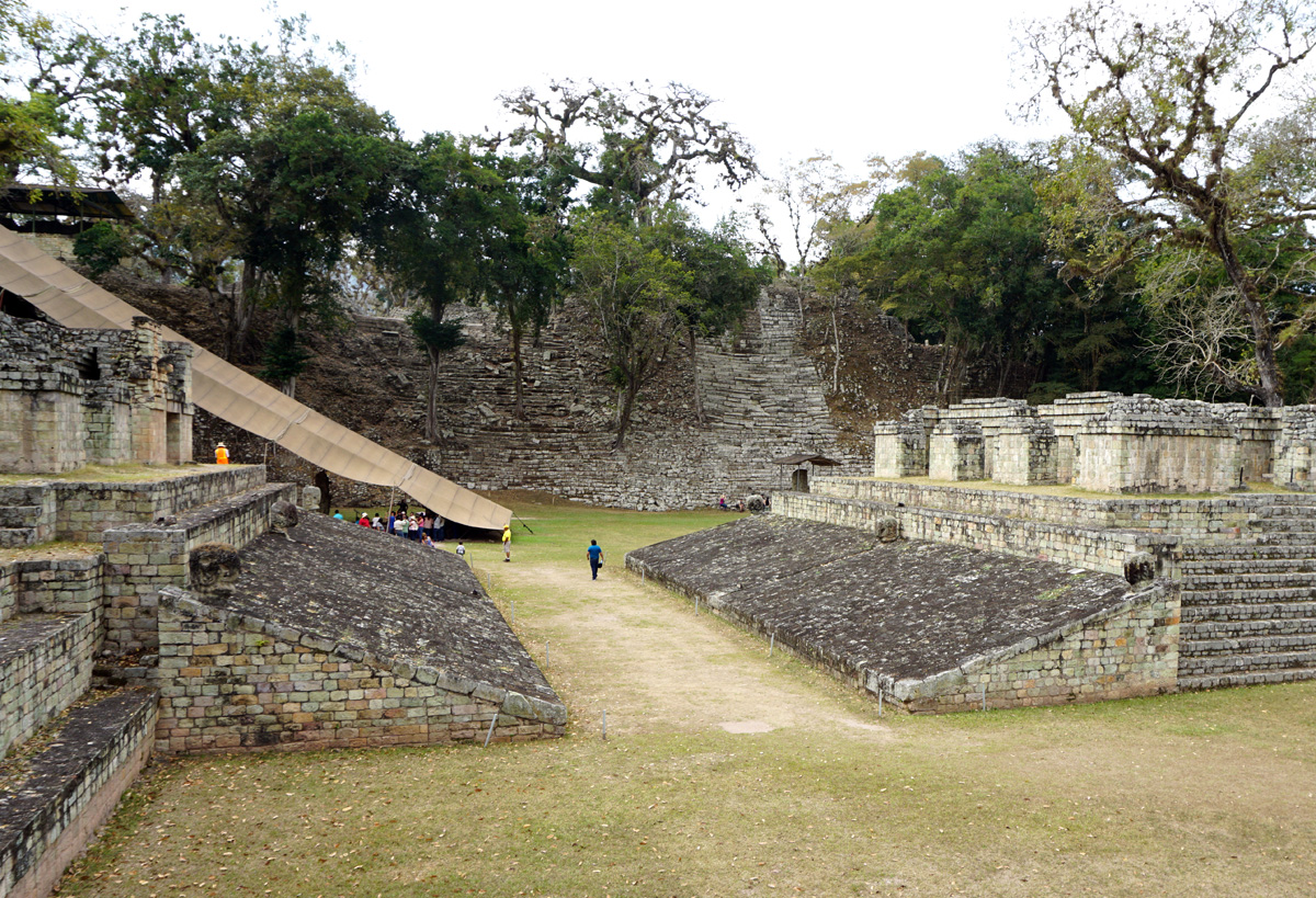 Copan, View along Ball Court to Hieroglyphic Stairaway