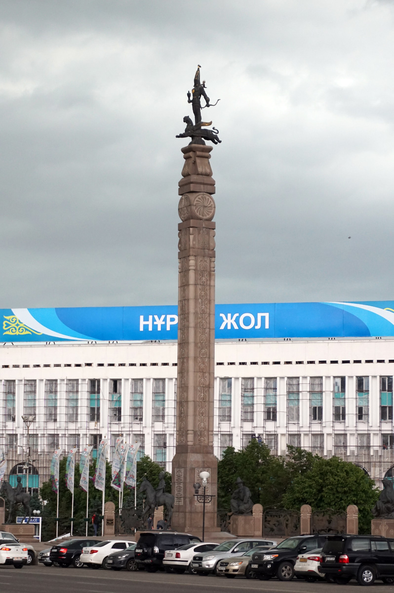 Almaty-1, Monument of Independece (Golden Man column) in approaching thunderstorm