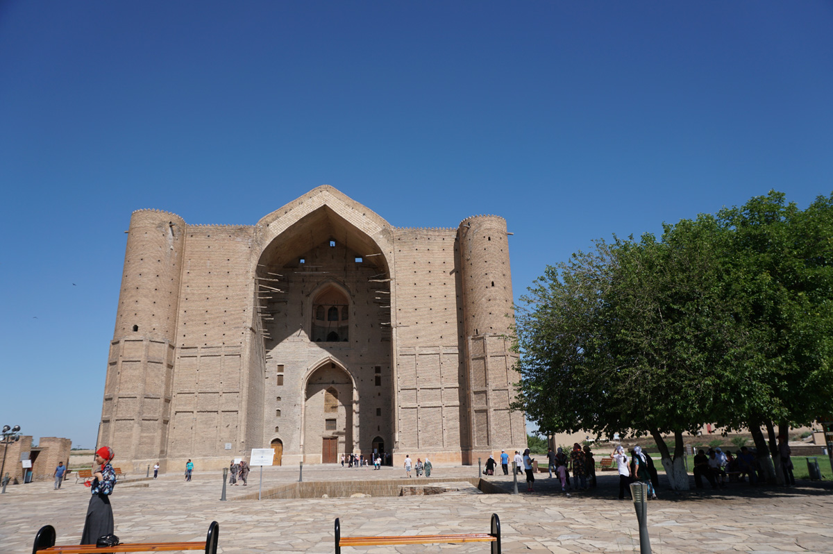 Mausoleum of Hodja Ahmed Yassau, The bird infested facade (one got me). The projecting beams are unfinished original work