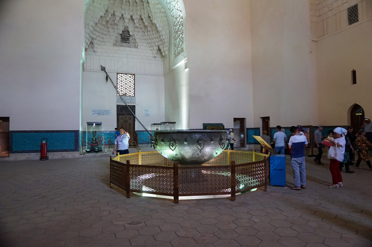Mausoleum of Hodja Ahmed Yassau, Interior.  The giant cauldron was commisioned by Timur.