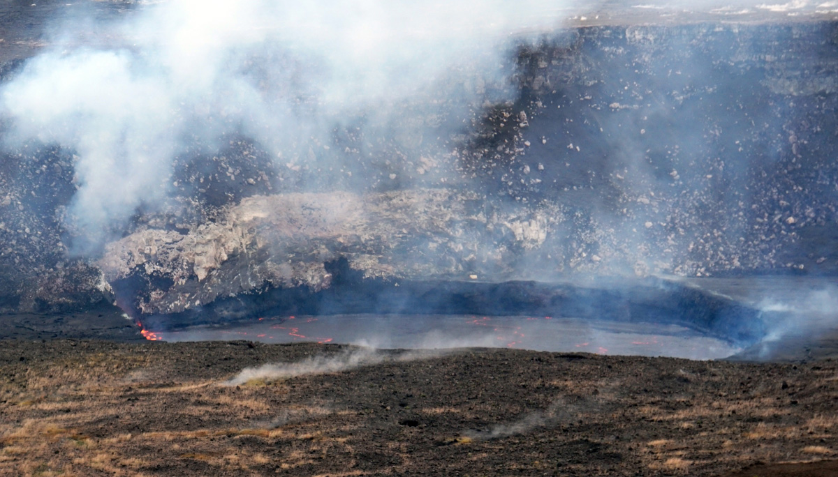 Kilauea, First day: A quiet, gray Lava Lake But notice the red cracks of live lava