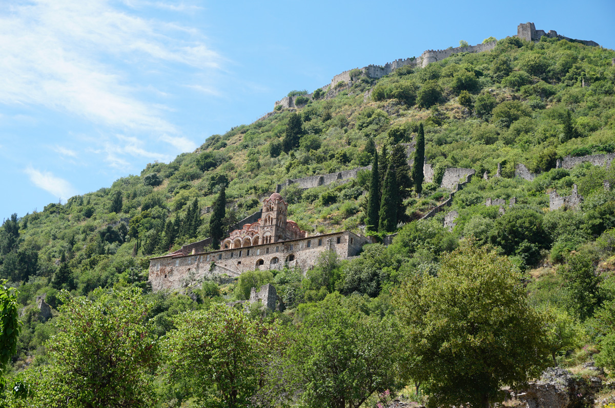 Mystras: A Byzantine Fortress City, Pantanassa Convent + view to Fortress