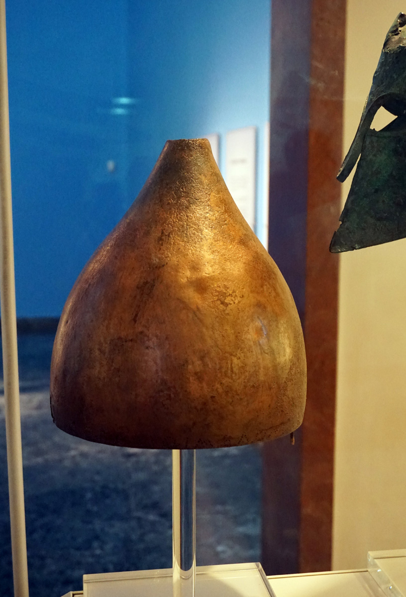 Olympia Archaeological Museum, Persian helmet, dedicated by Athenians