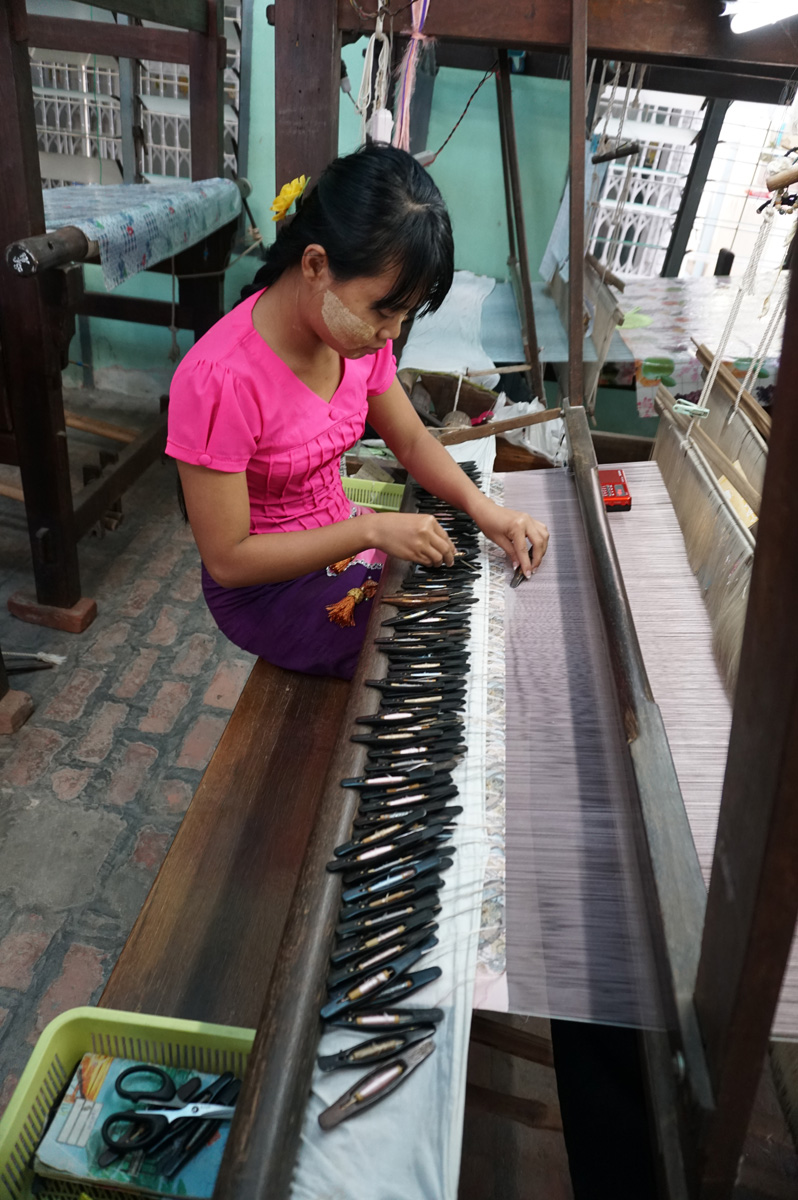 Sagaing, Hand silk weaving.  In tiny sections at a time.