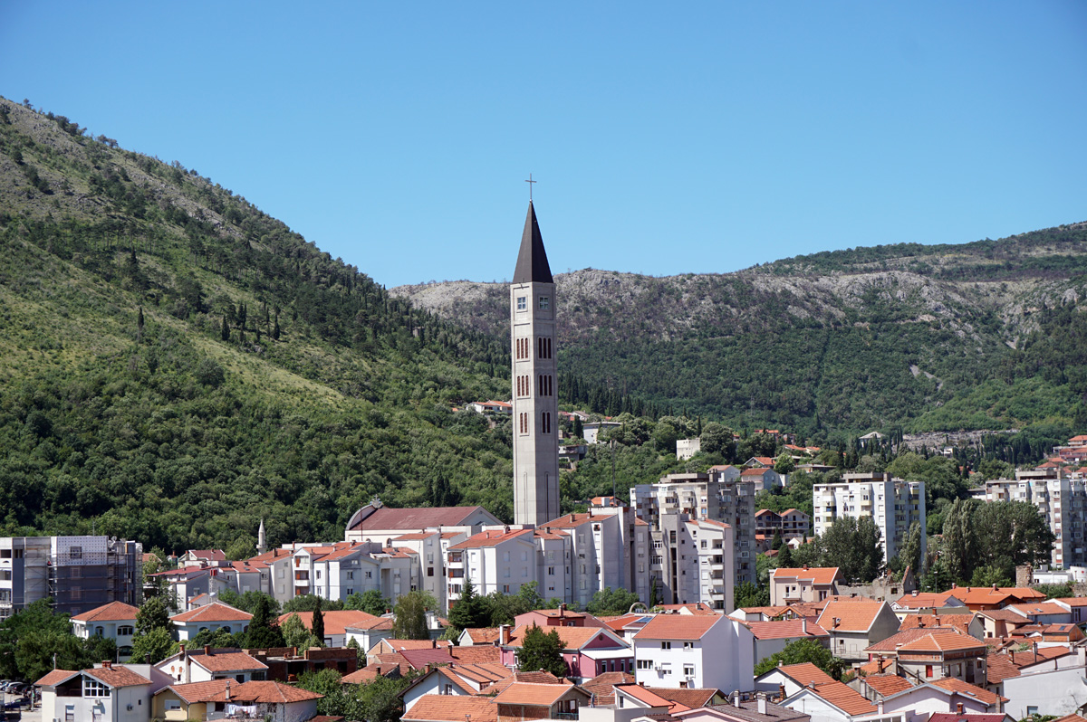 Around Mostar, View to (rebuilt) Franciscan Monastery tower