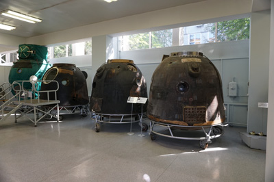 Three Soyuz-class return capsules, RSC Energia Museum, Moscow 2018
