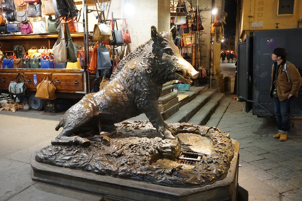 Around Florence, Charming bronze pig, at Loggia del Mercato Nuovo Reproduction of Roman era statue in Uffizi