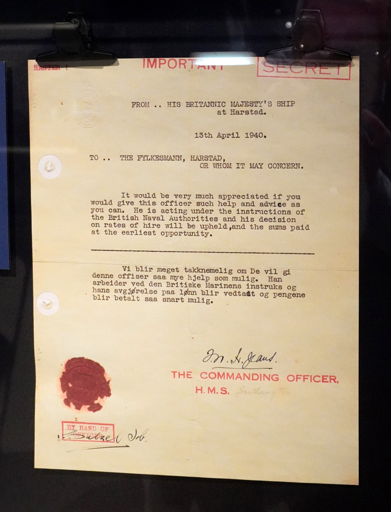 Narvik War Museum, Letter-of-Introduction for British officer