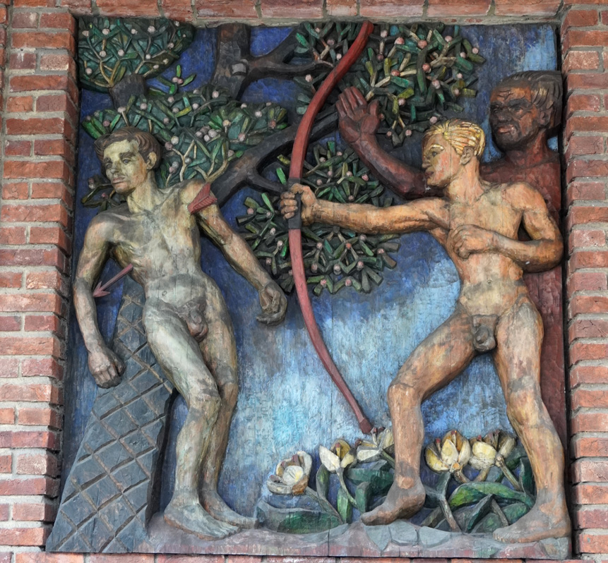 Oslo City Hall: Norse Mythology, The Death of Balder Loki directs Hod to shoot a mistletoe arrow