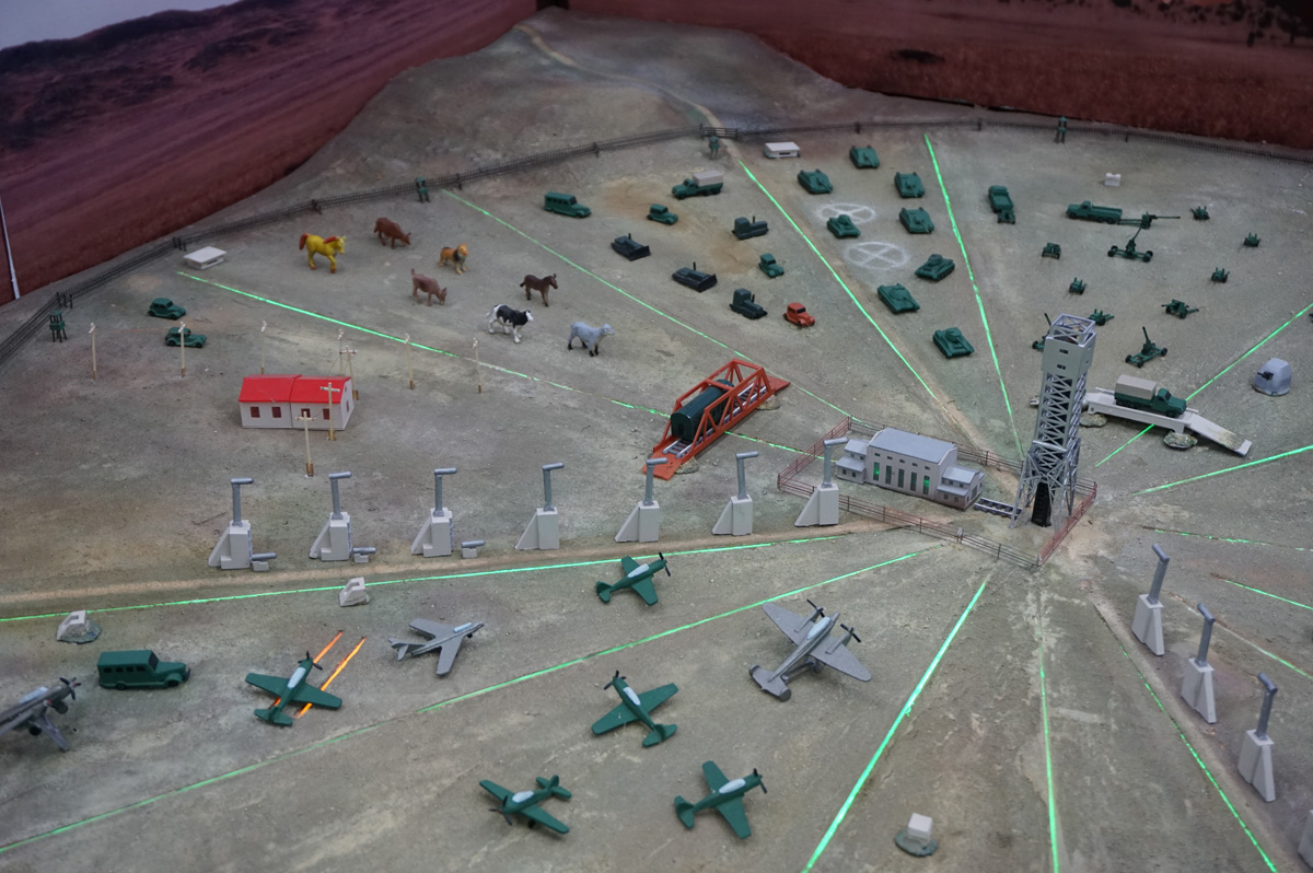 Test Center Museum, Model of test site: Note "geese" towers