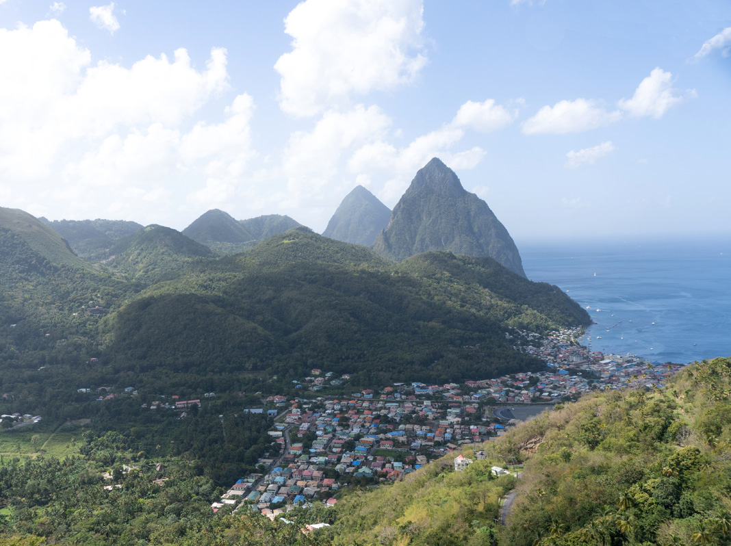 St Lucia: Trip to Soufriere, View to the two Pitons