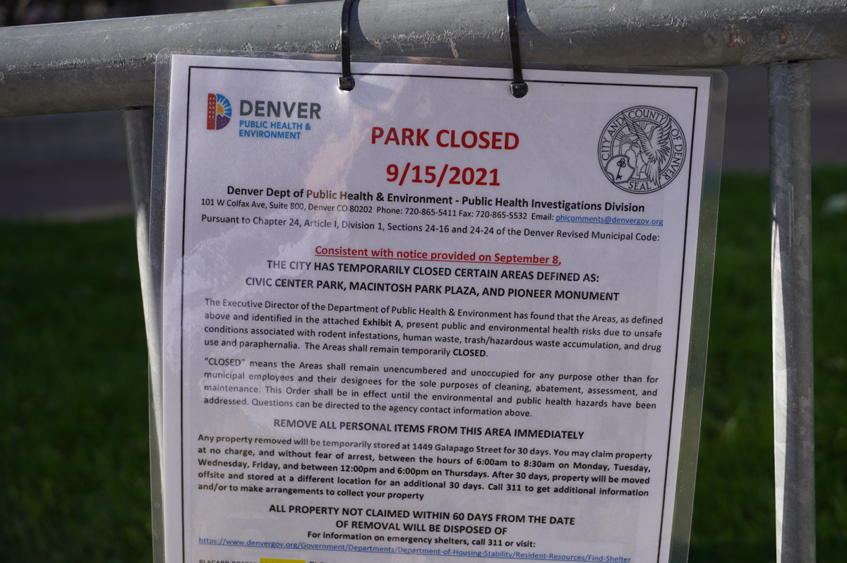 Denver, Civic Center Park is closed Due to various problems associated with a homeless encampment (?)