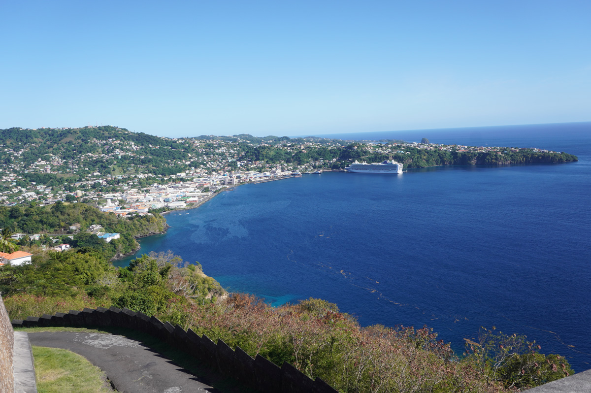 St Vincent: Fort Charlotte, View to Kingstown + Cruise Ship