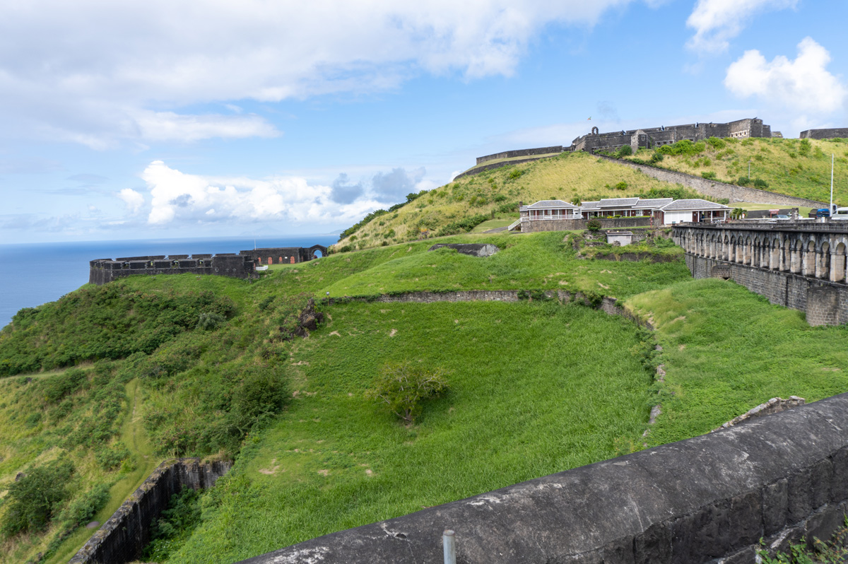 St Kitts: Brimstone Hill Fortress, A mid-level view Prince of Wales bastion (left), Fort George (upper right)