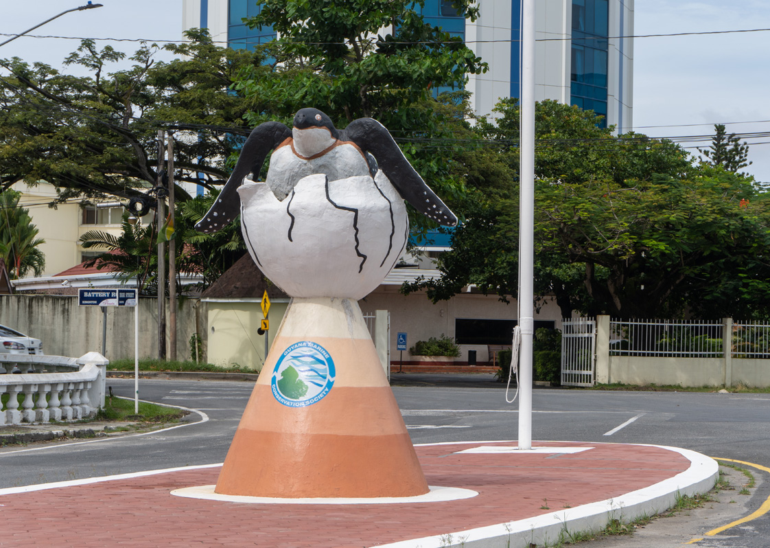 Guyana: Georgetown, Hatching Sea Turle Statue Courtesy of the Guyana Marine Conservation Society