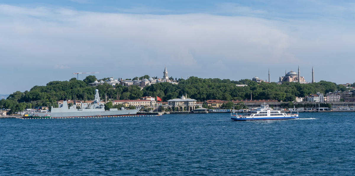 Around Istanbul, View from Karakoy to Topkapi & Hagia Sophia Warship is a visiting Royal Navy destroyer