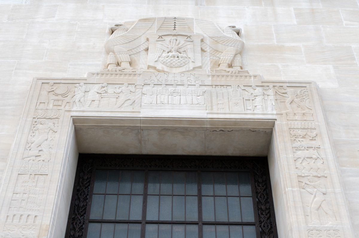 Baton Rouge, Some rather loaded symbolism in the doorway bas-reliefs Notice who is doing what.