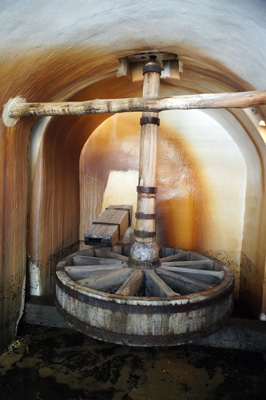 Horizontal waterwheel in cellar Powered by water from pool abov, Mission San Jose, Texas May 2021