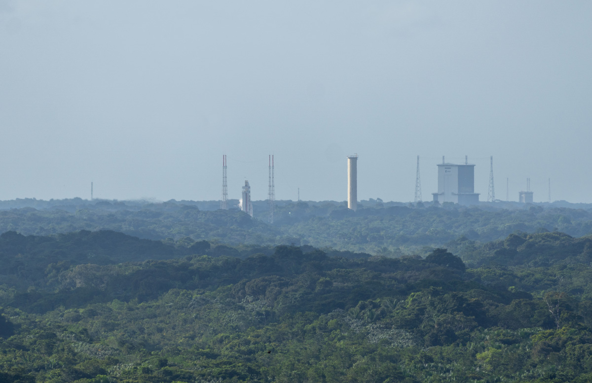 Ariane 5 Mission VA259 Launch, View to pad.  Note outgassing.