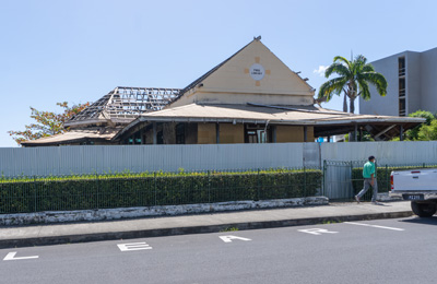 Hurricane-wracked shell of the Carnegie Library, Roseau, 2022 Dominica