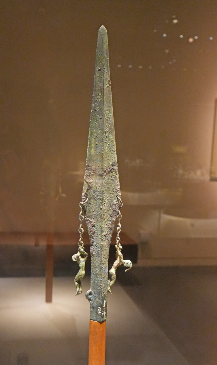 Beijing: National Museum - Ancient treasures, Bronze Spear with hanging figures 2nd c BC to 0 AD